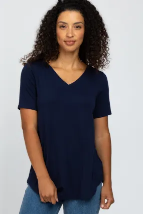 Navy Blue V-Neck Short Sleeve Round Hem Top