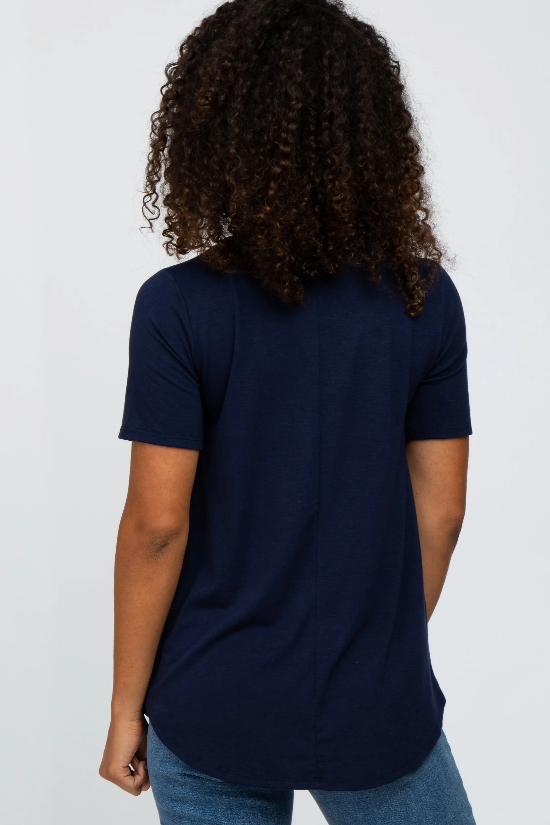 Navy Blue V-Neck Short Sleeve Round Hem Top