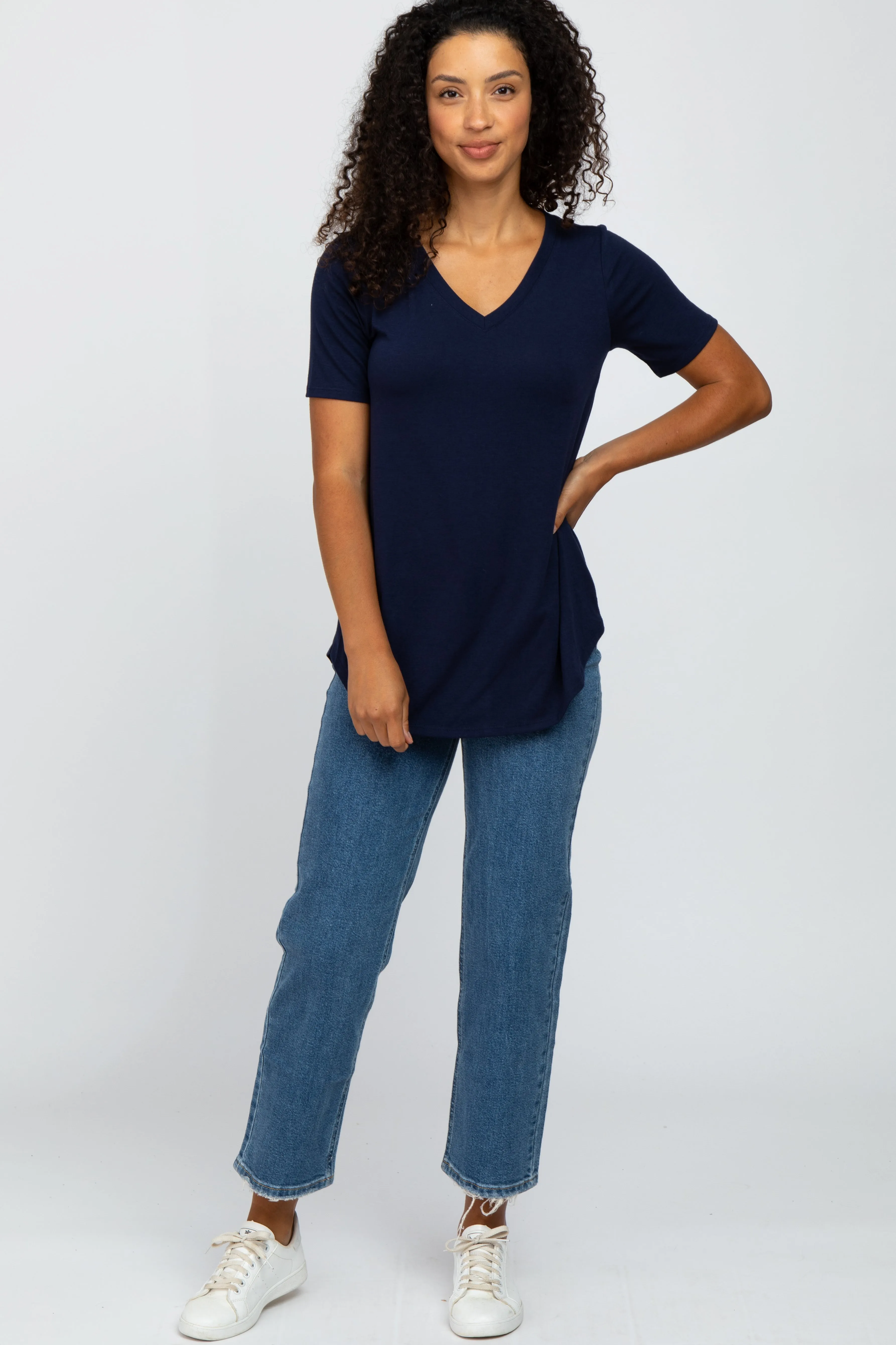 Navy Blue V-Neck Short Sleeve Round Hem Top