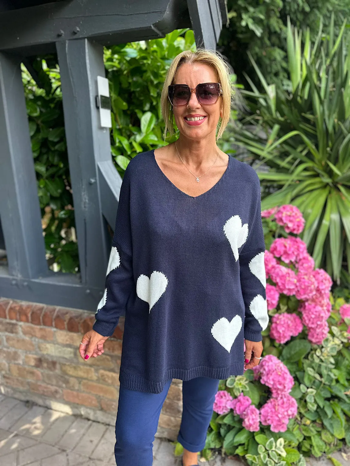 Navy Heart V Neck Jumper Brenda