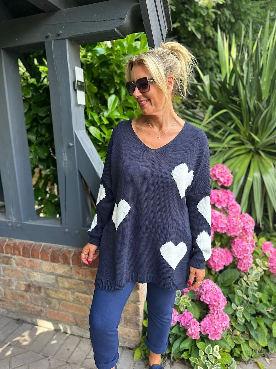 Navy Heart V Neck Jumper Brenda