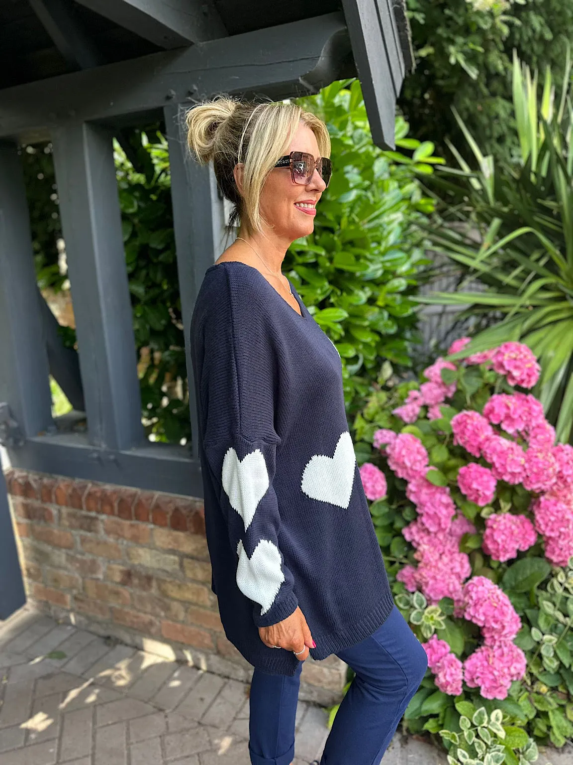 Navy Heart V Neck Jumper Brenda