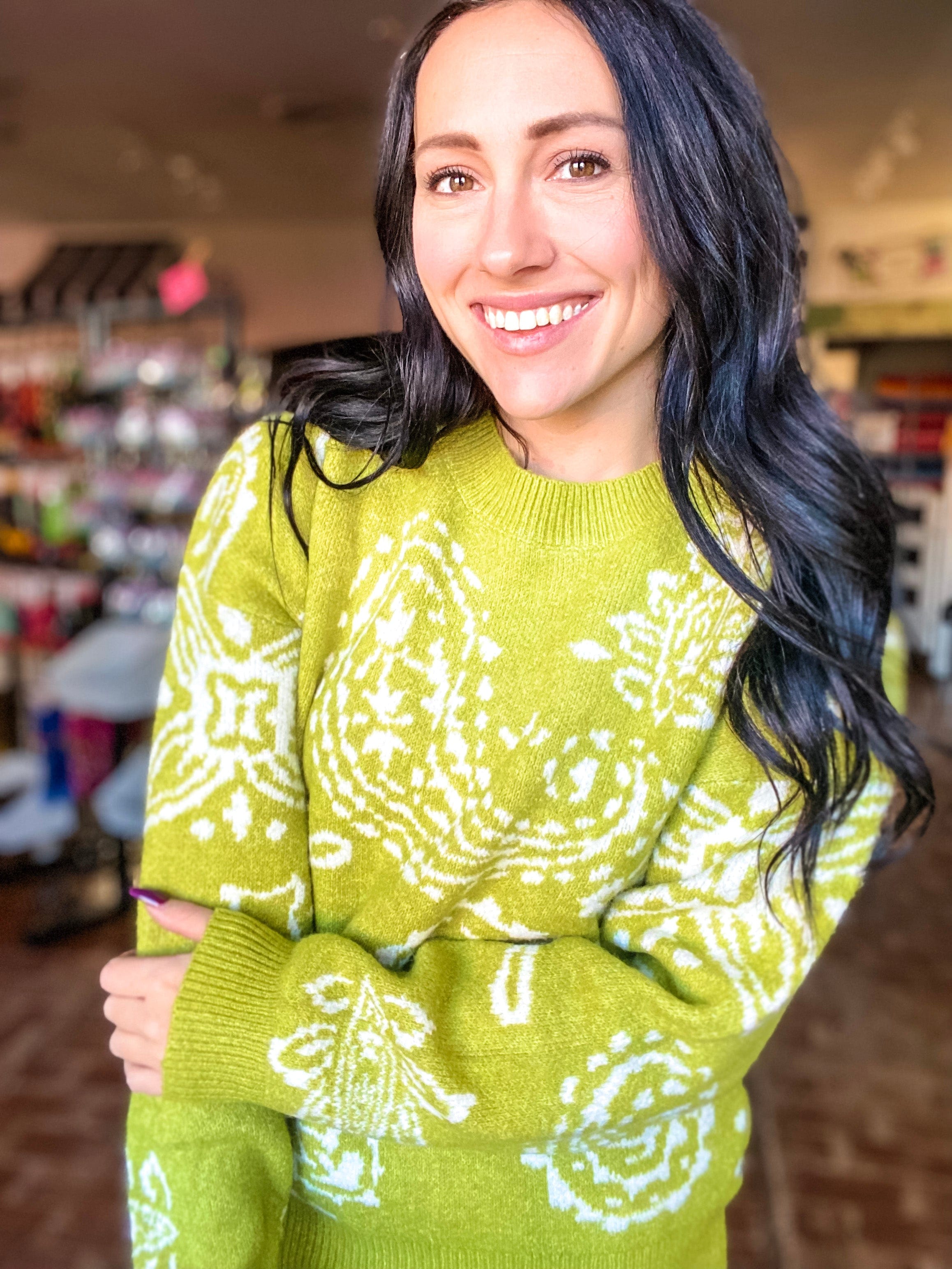 Paisley Swirl Sweater-Avocado