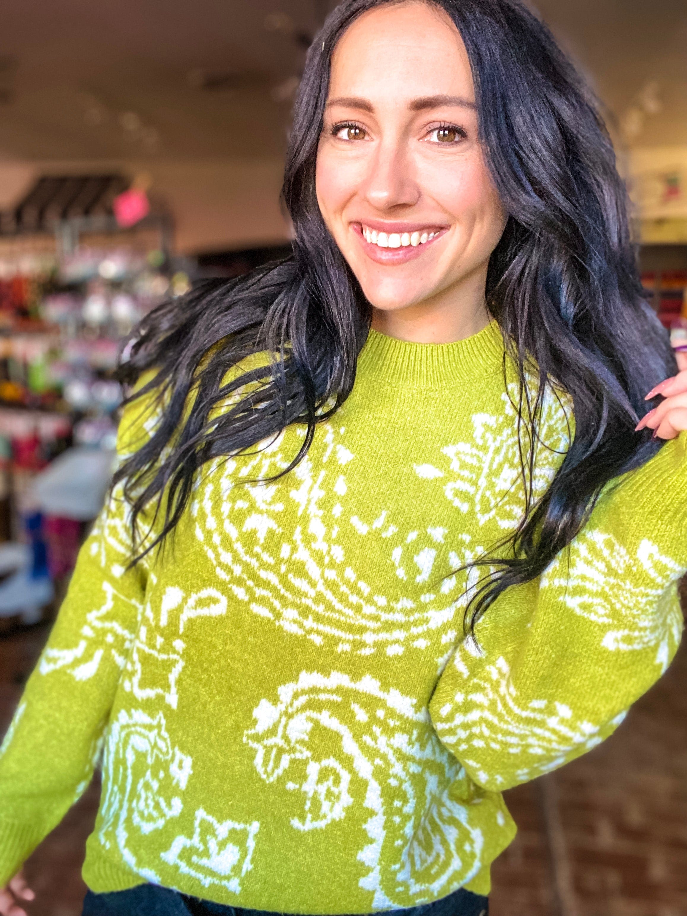 Paisley Swirl Sweater-Avocado