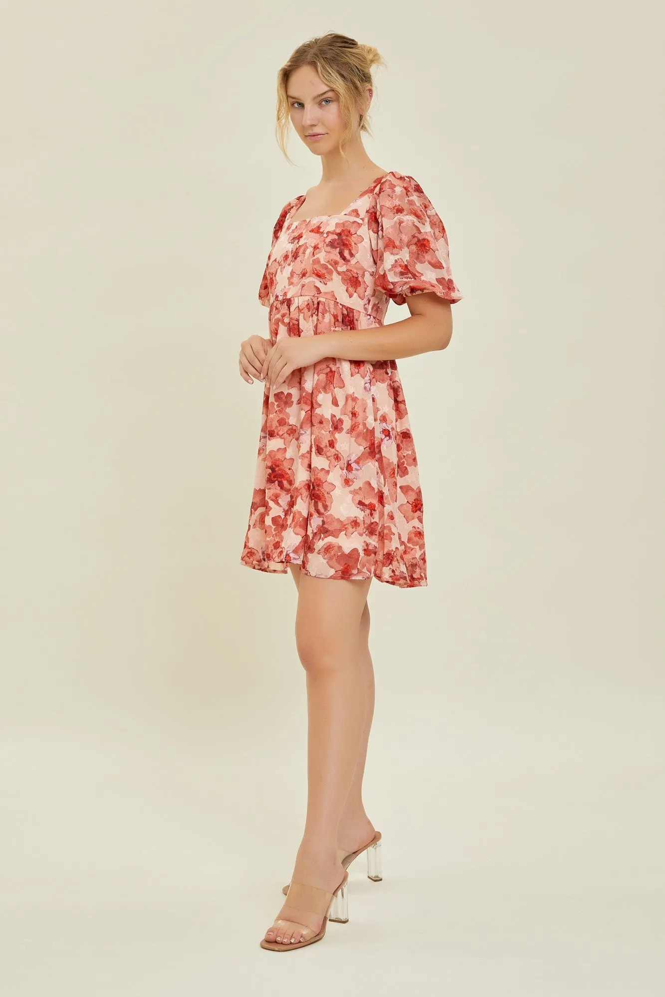 Peach Floral Square Neck Puff Short Sleeve Dress