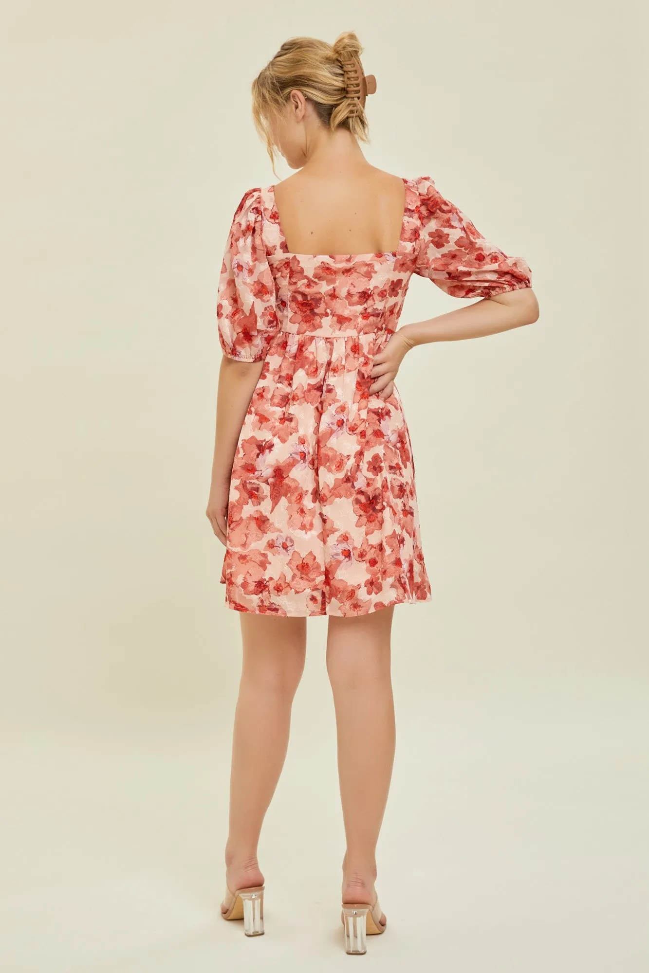 Peach Floral Square Neck Puff Short Sleeve Dress