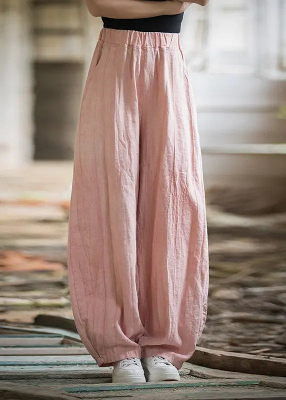 Pink High Waist Linen Wide Leg Pants Pockets CG1049