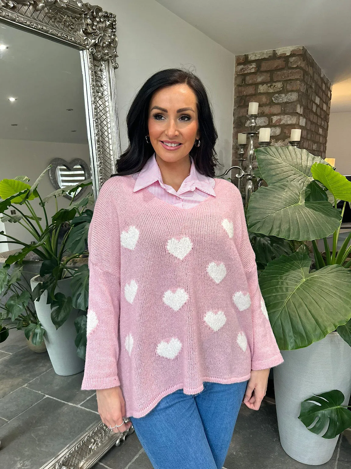 Pink V Neck Multi Heart Knit Kerry