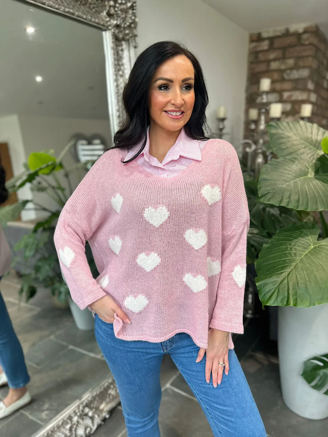 Pink V Neck Multi Heart Knit Kerry