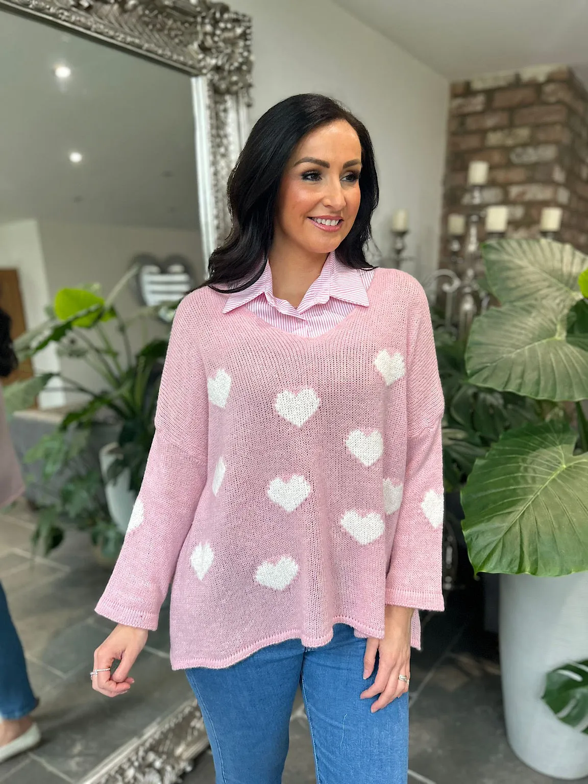 Pink V Neck Multi Heart Knit Kerry