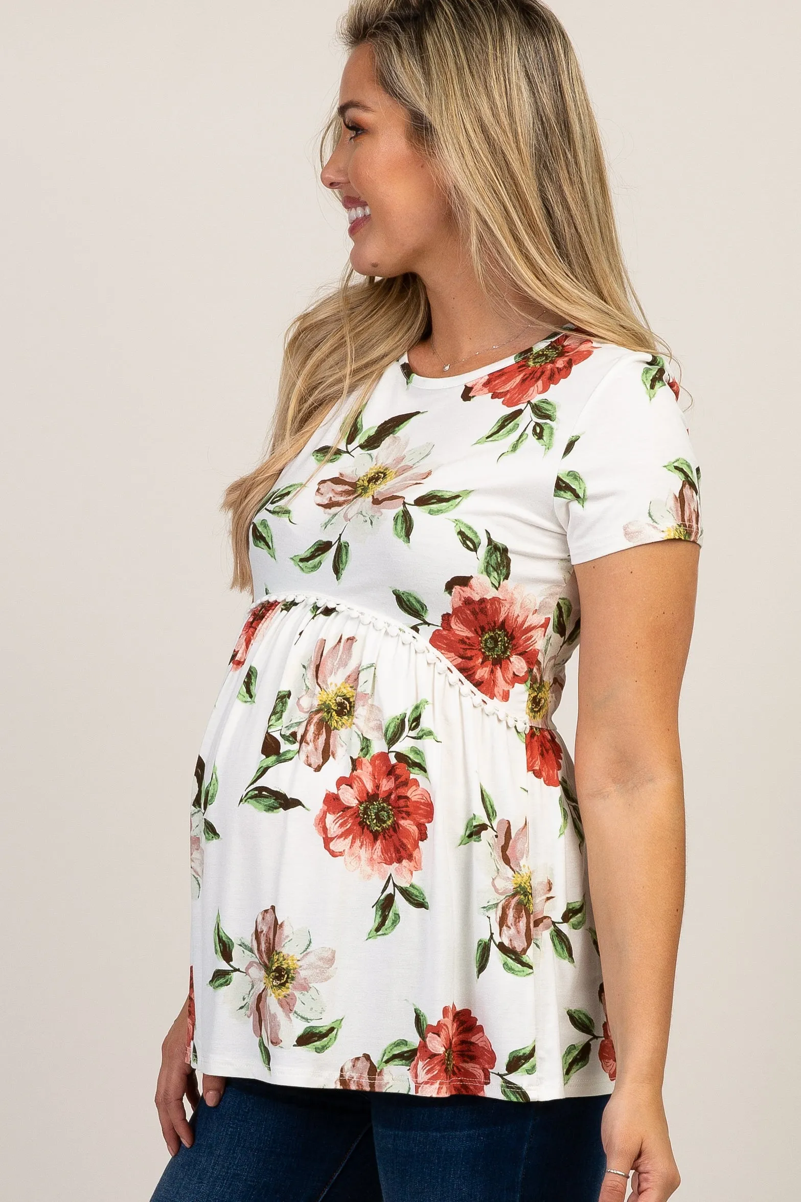 PinkBlush White Floral Crochet Peplum Maternity Top