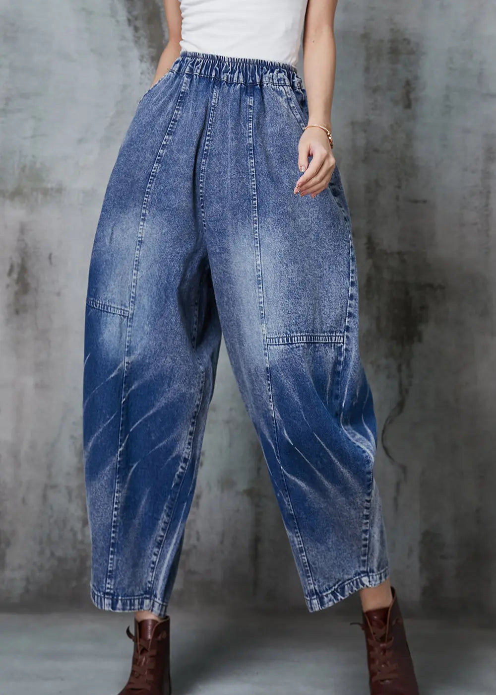 Plus Size Blue Oversized Patchwork Denim Crop Pants Spring JK1045