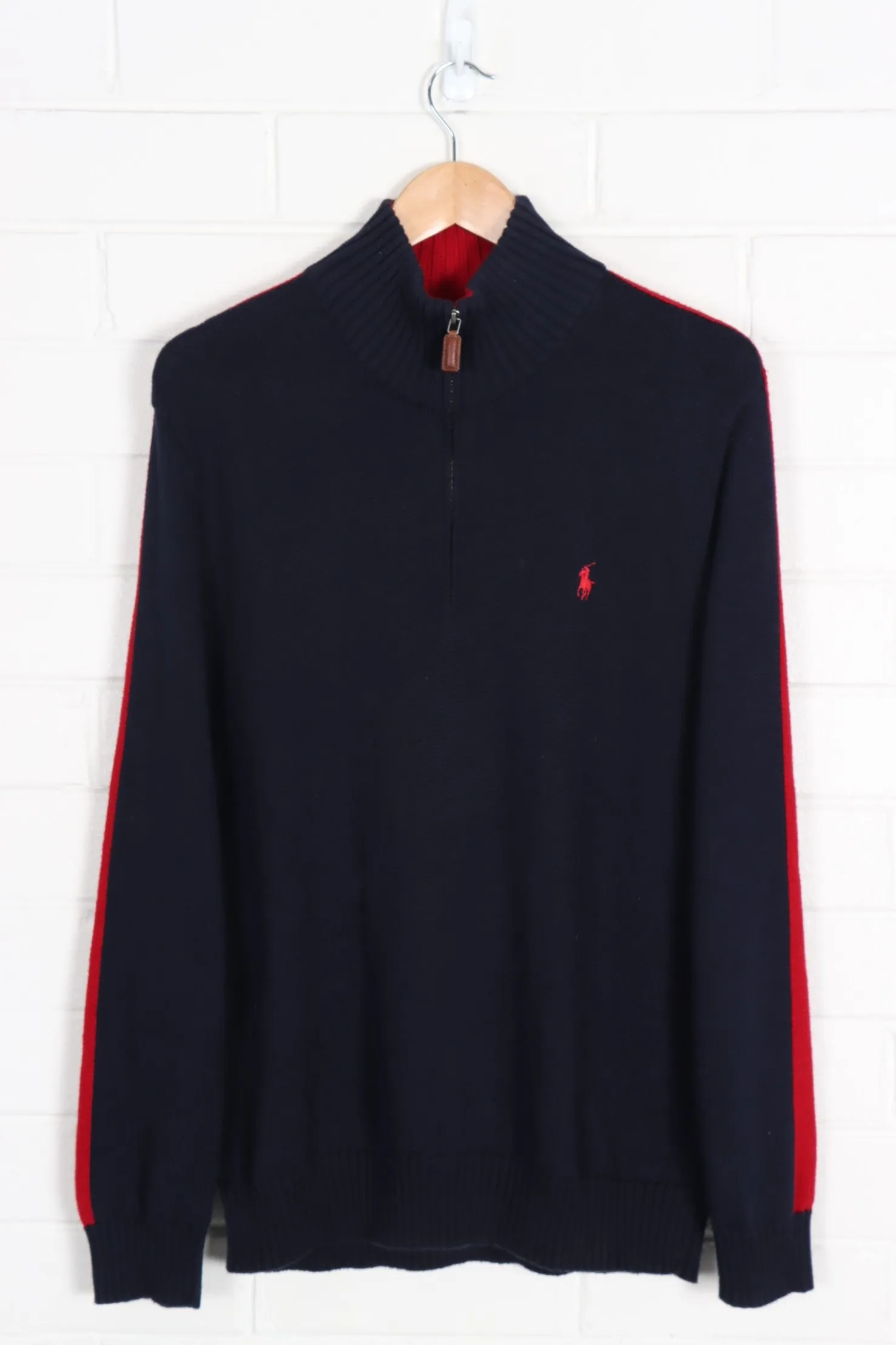 POLO RALPH LAUREN NAVY & RED EMBROIDERED 1/4 ZIP SWEATER KNIT (