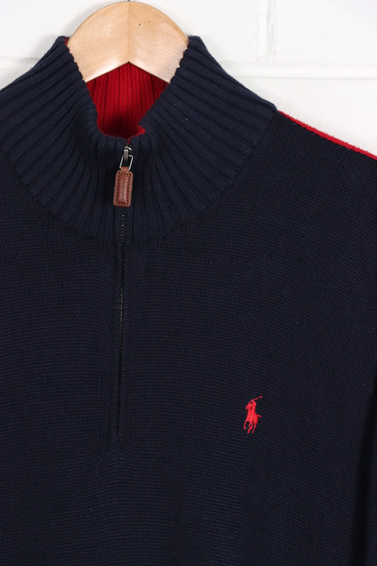 POLO RALPH LAUREN NAVY & RED EMBROIDERED 1/4 ZIP SWEATER KNIT (