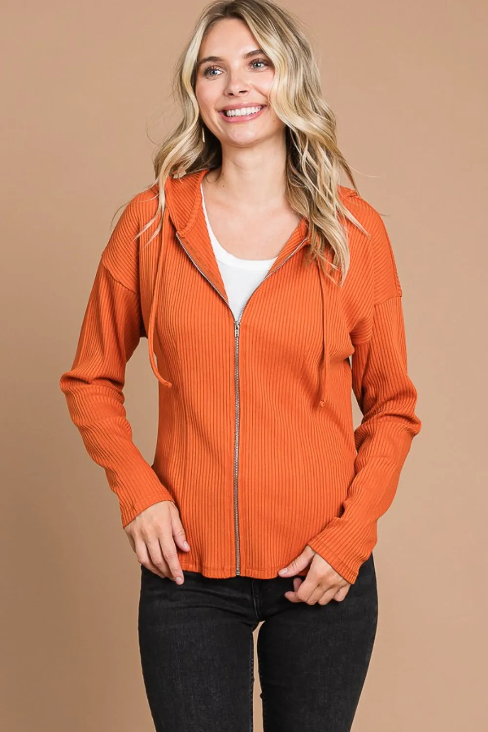 Ribbed Zip Up Drawstring Hooded Jacket