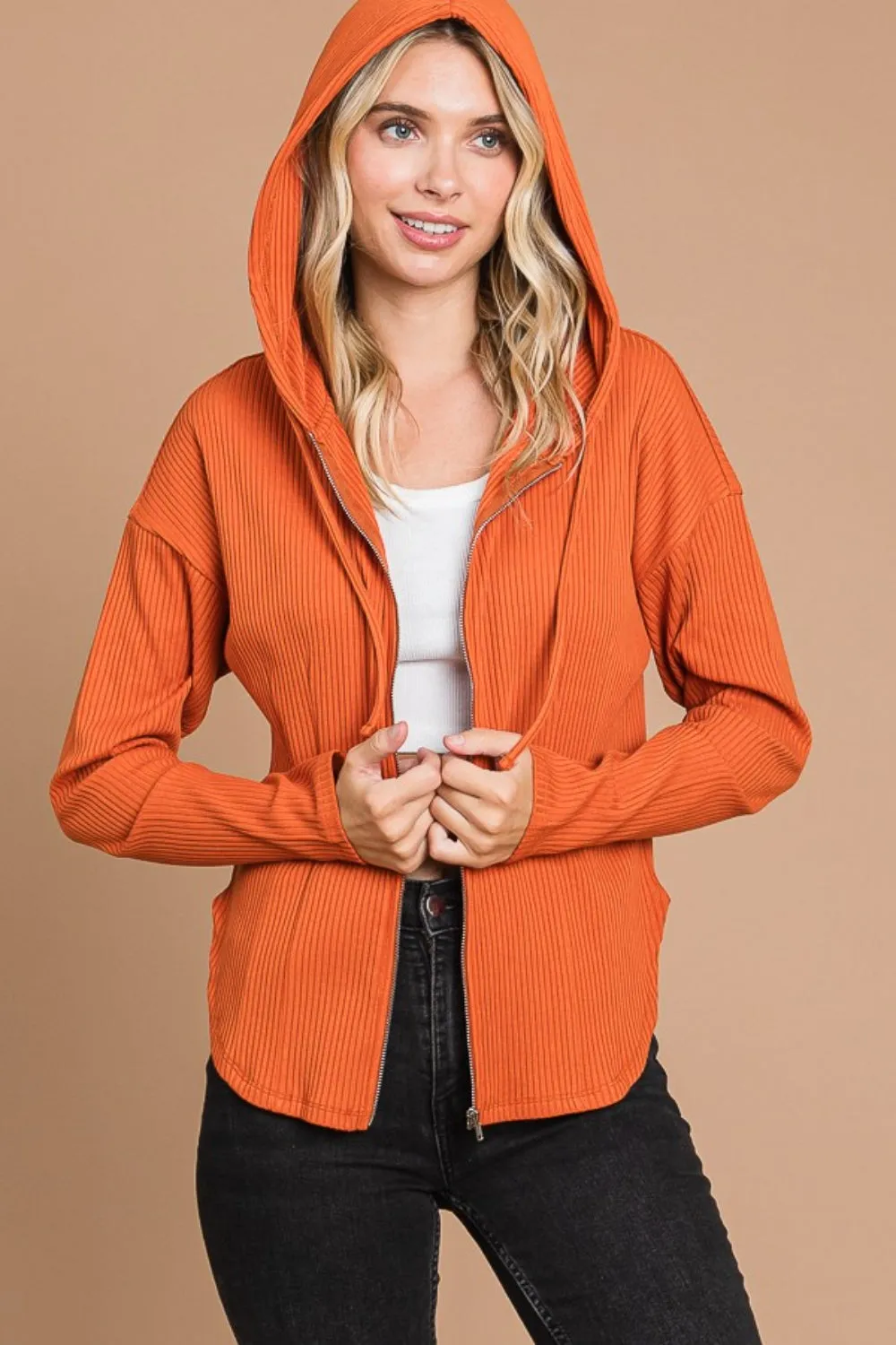 Ribbed Zip Up Drawstring Hooded Jacket