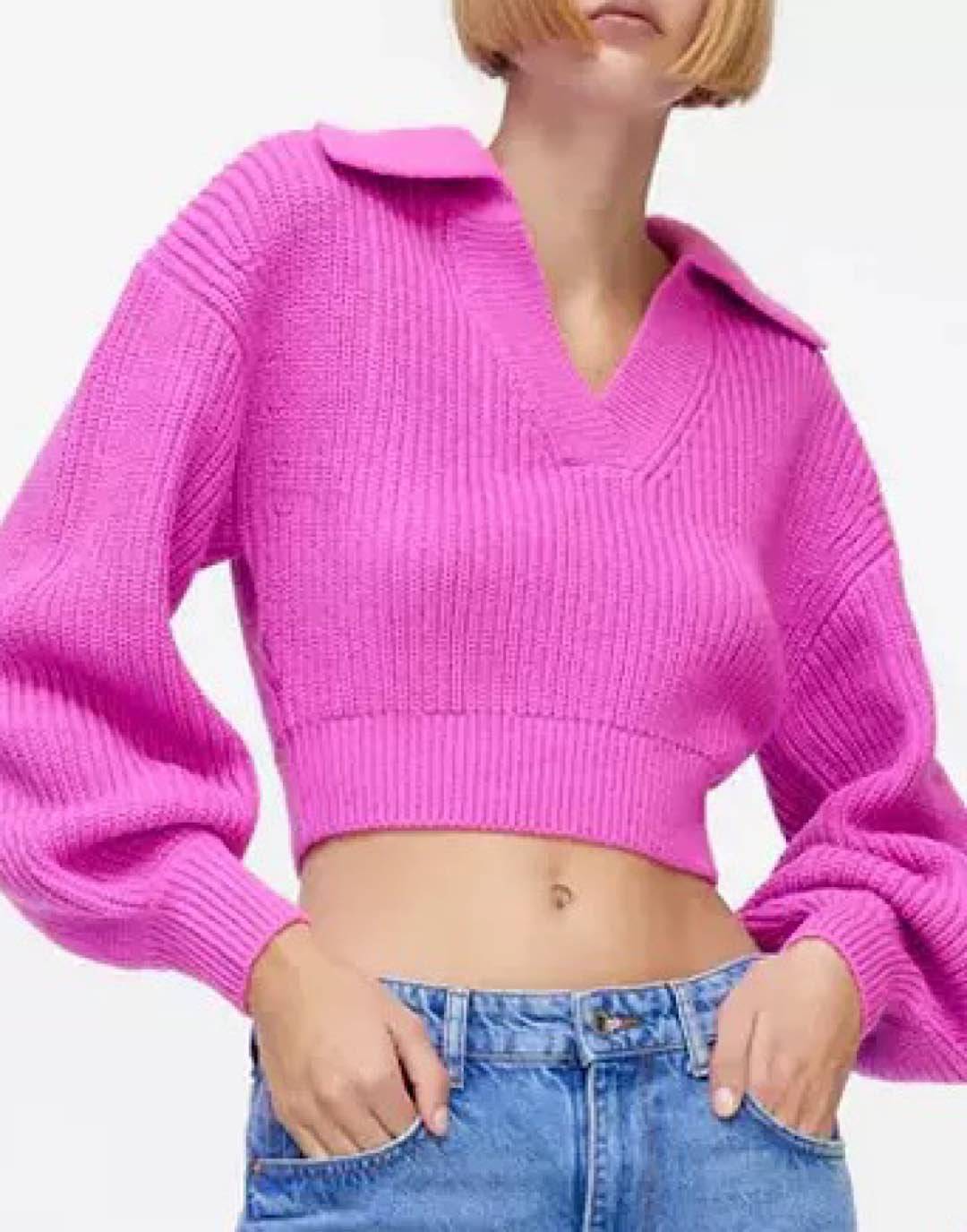 Short Collar Cropped Pink Sweater