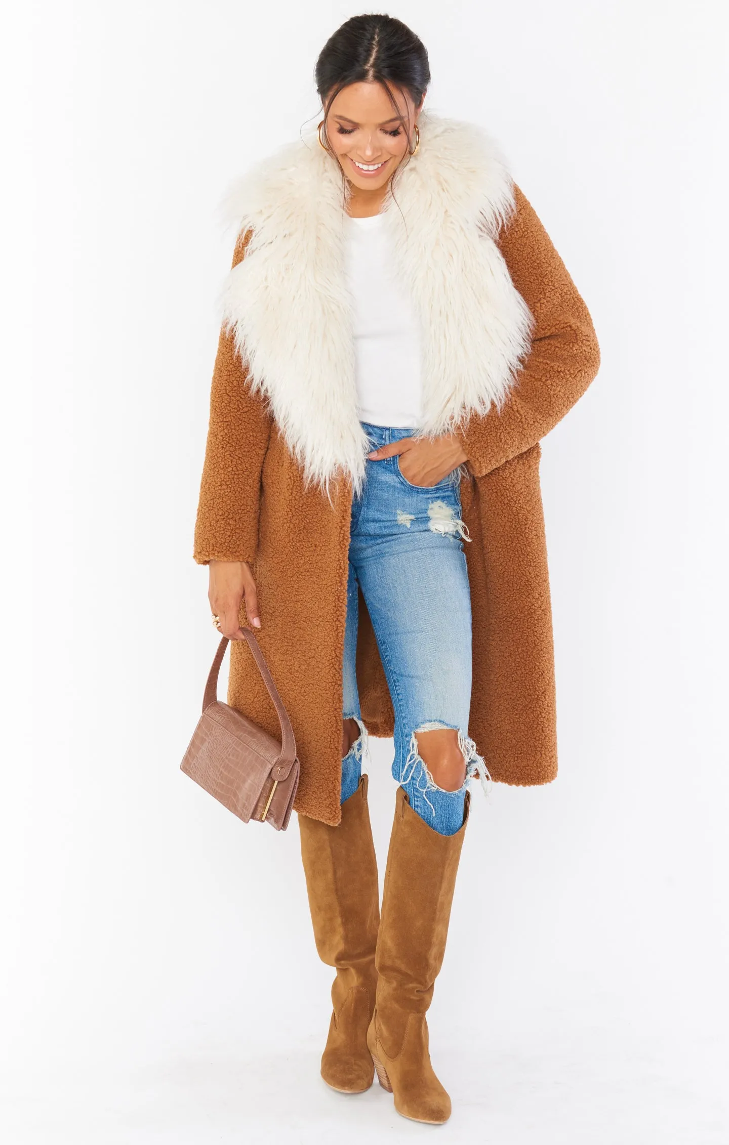 Stay Warm Jacket ~ Mocha Faux Sherpa with Faux Fur