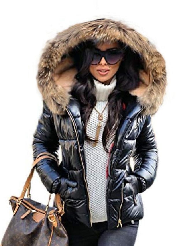 Stylish Women's Black Puffer Jacket with Fur Collar and Hood