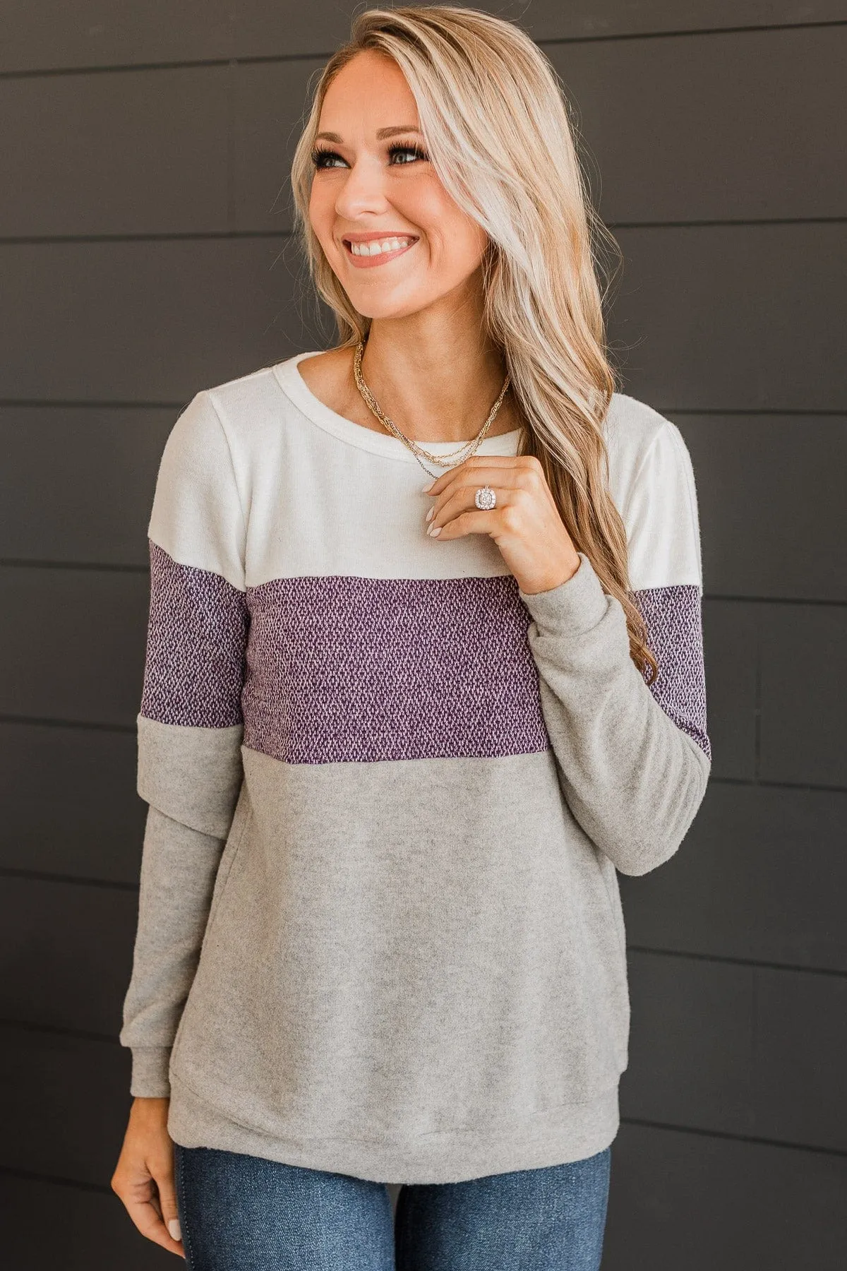 Sweet Gestures Color Block Top- Plum & Grey