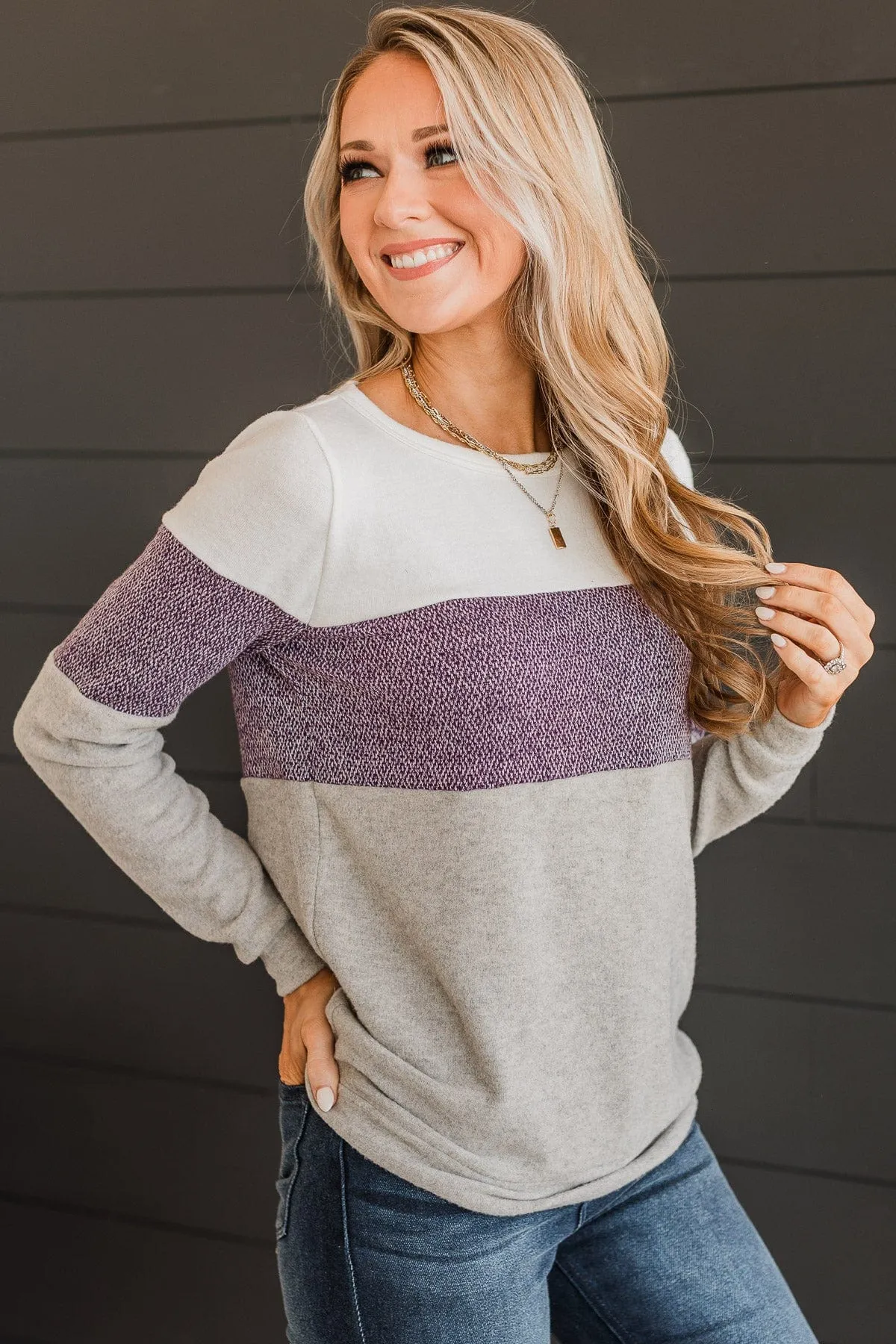 Sweet Gestures Color Block Top- Plum & Grey