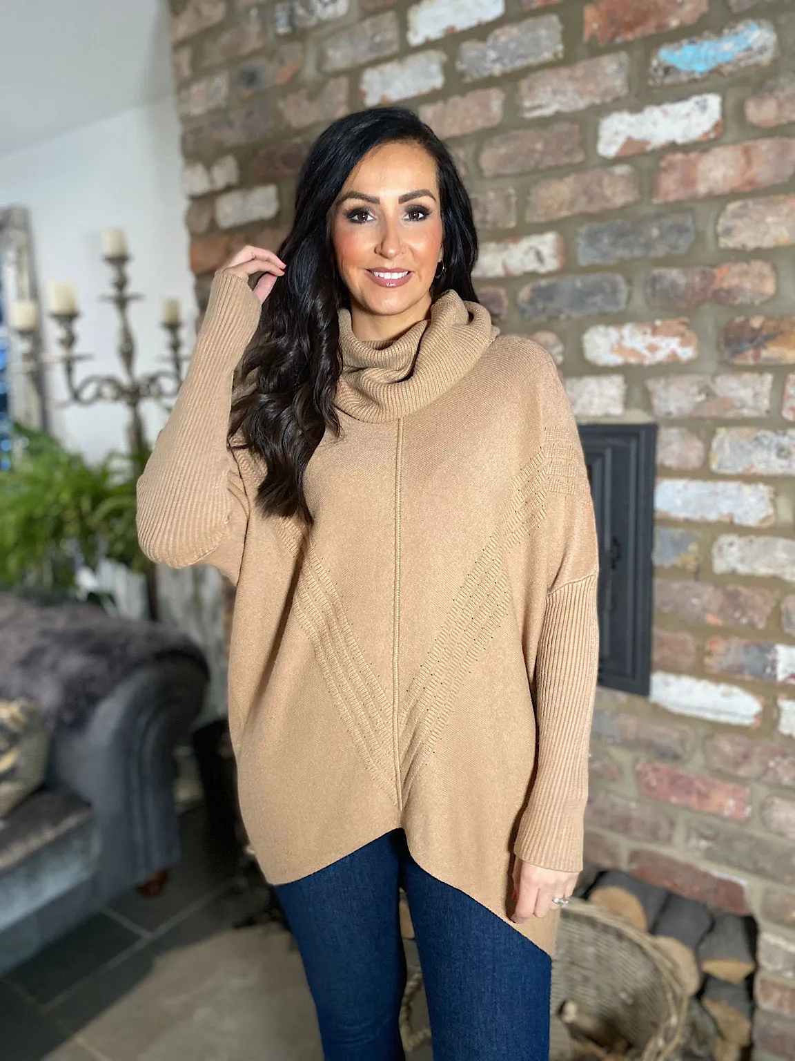 Tan Cowl Neck Batwing Knit Heidi