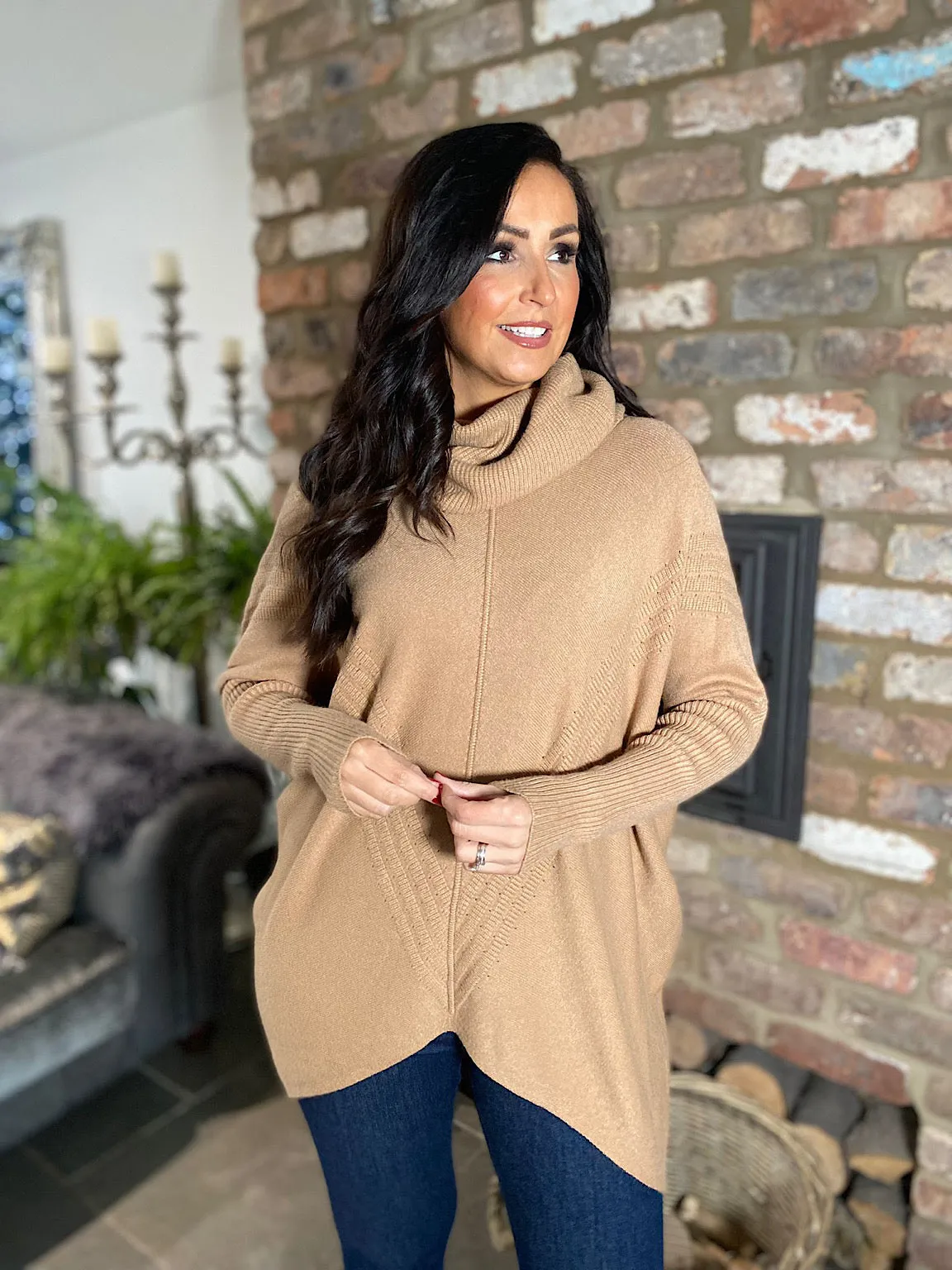 Tan Cowl Neck Batwing Knit Heidi