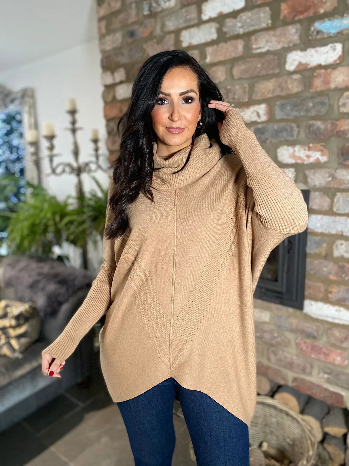 Tan Cowl Neck Batwing Knit Heidi