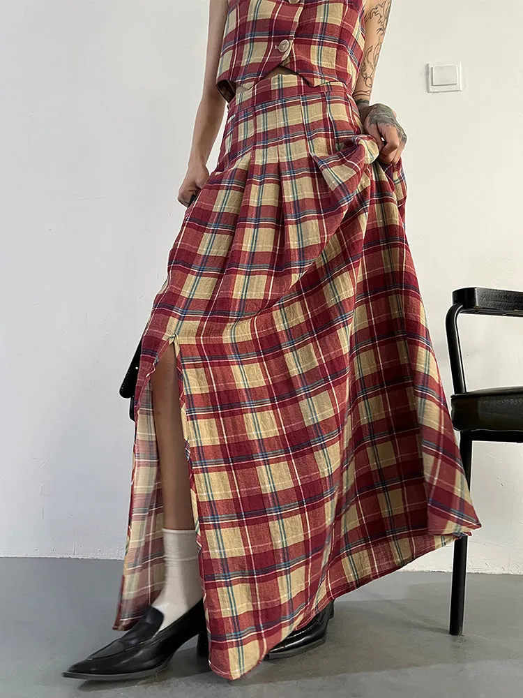 Tihee Plaid Long Skirt - Red and Tan