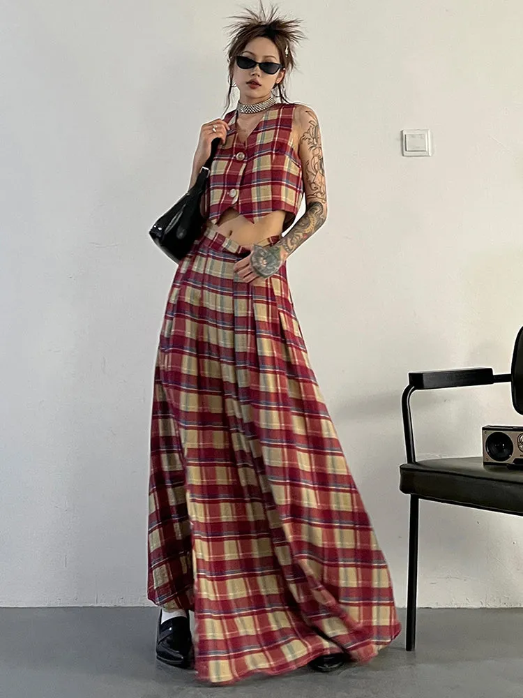 Tihee Plaid Long Skirt - Red and Tan