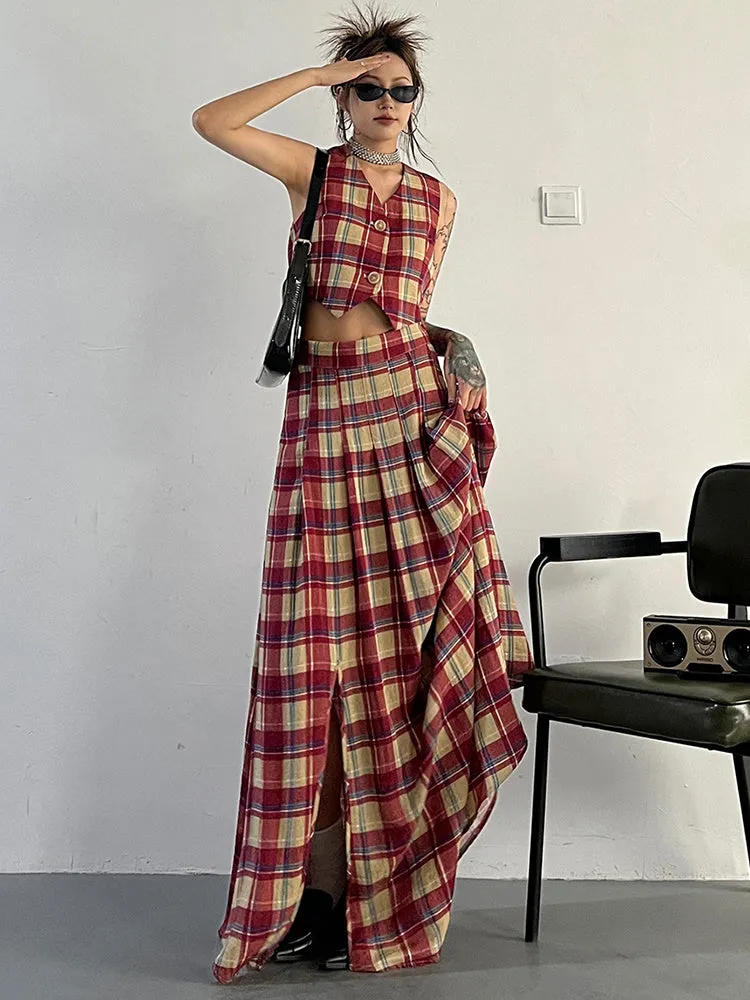 Tihee Plaid Long Skirt - Red and Tan