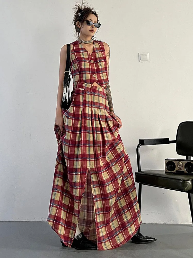 Tihee Plaid Long Skirt - Red and Tan