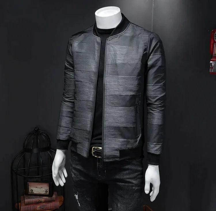 Vintage Lattice Pattern Stand Collar Rib Sleeve Bomber Jacket for Men