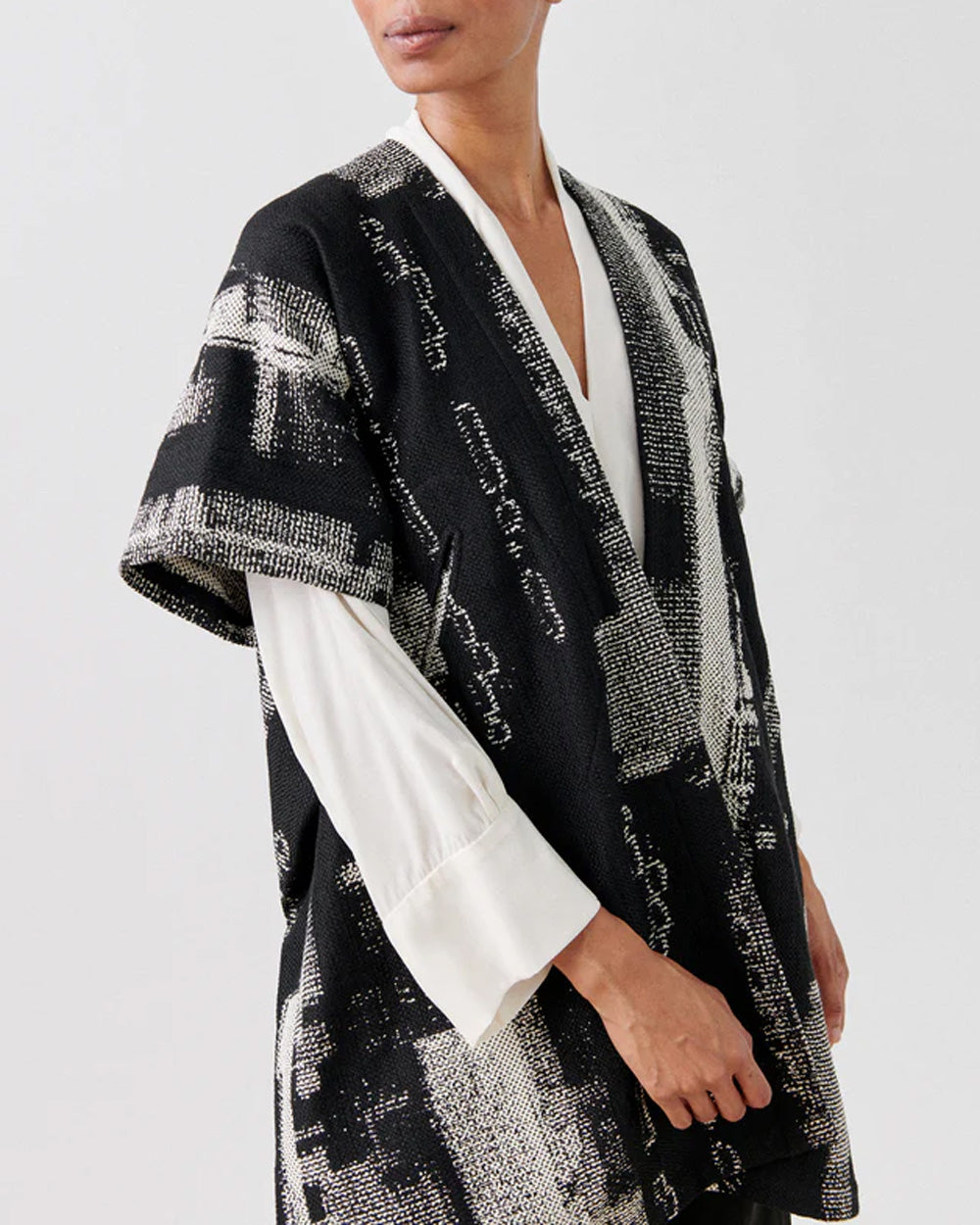 White and Black Blur Jacquard Gaban Coat