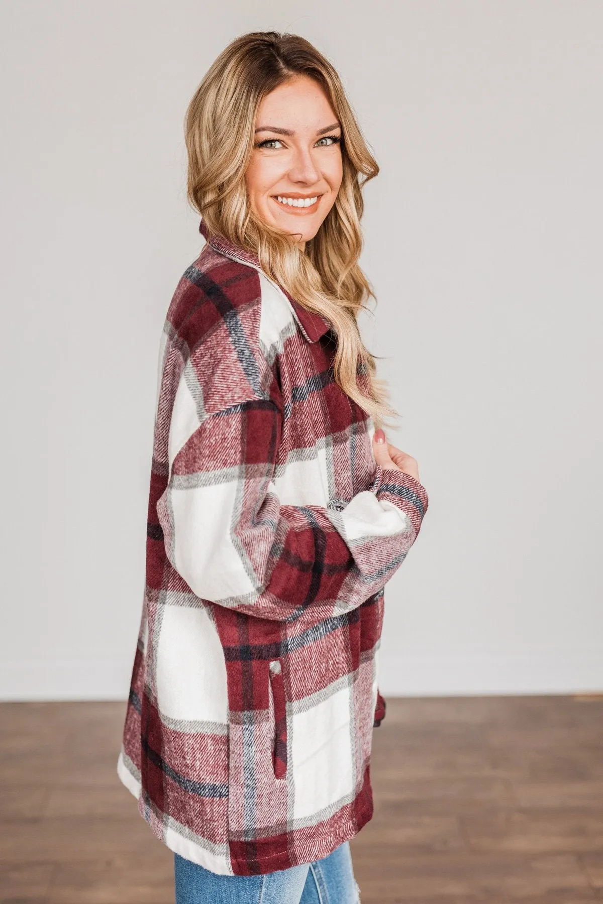 Winter Blessing Plaid Jacket- Burgundy & Ivory