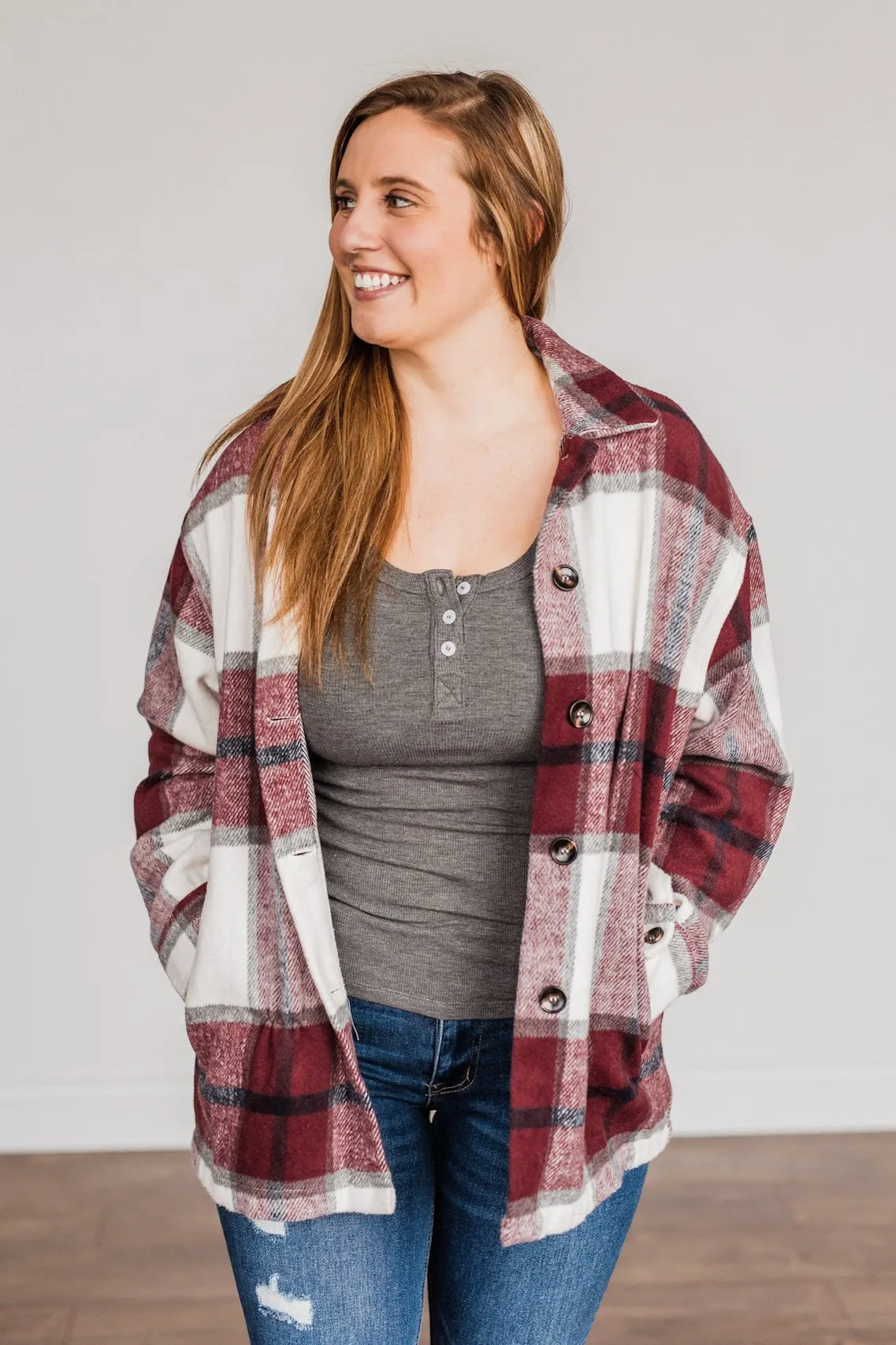 Winter Blessing Plaid Jacket- Burgundy & Ivory