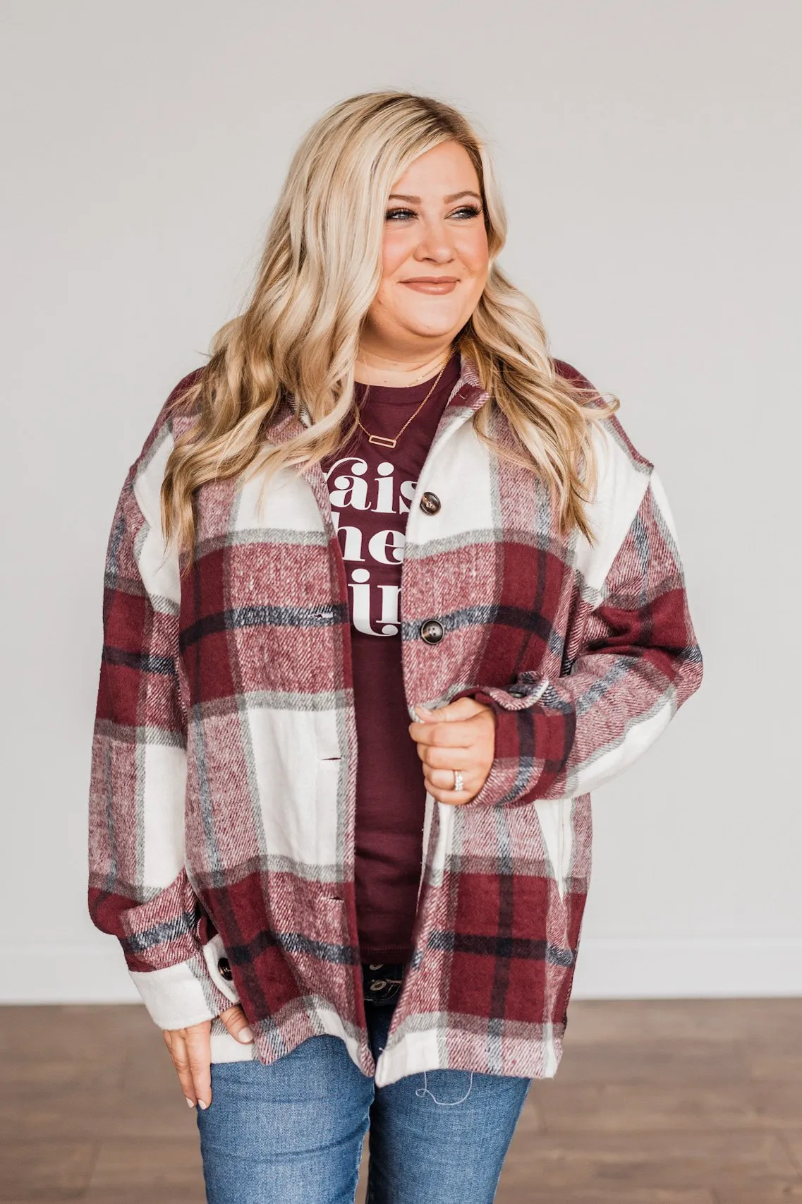 Winter Blessing Plaid Jacket- Burgundy & Ivory