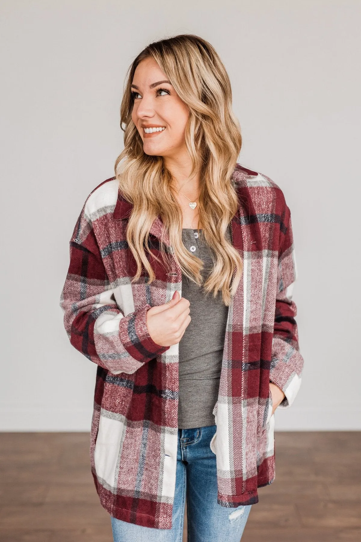 Winter Blessing Plaid Jacket- Burgundy & Ivory