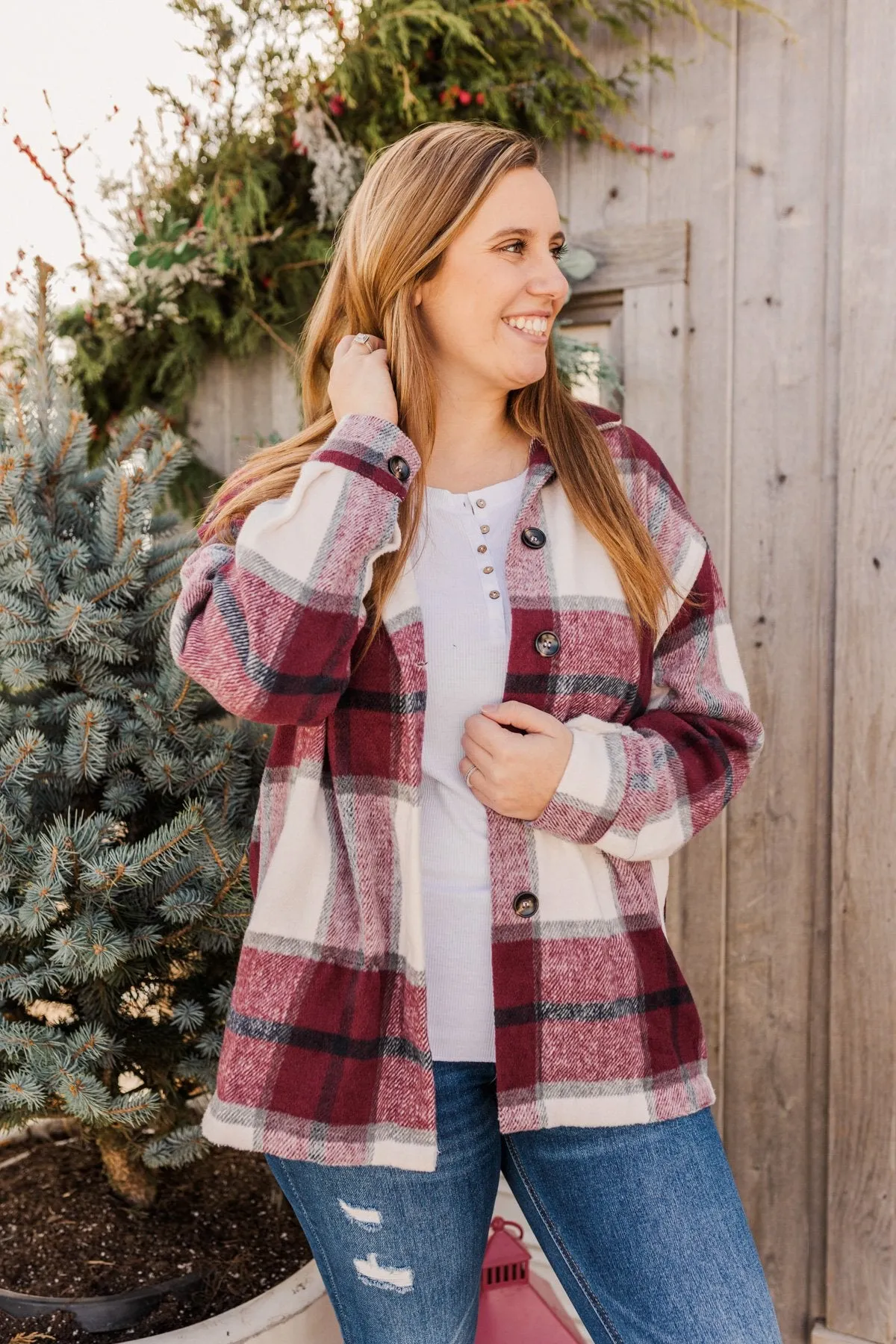 Winter Blessing Plaid Jacket- Burgundy & Ivory