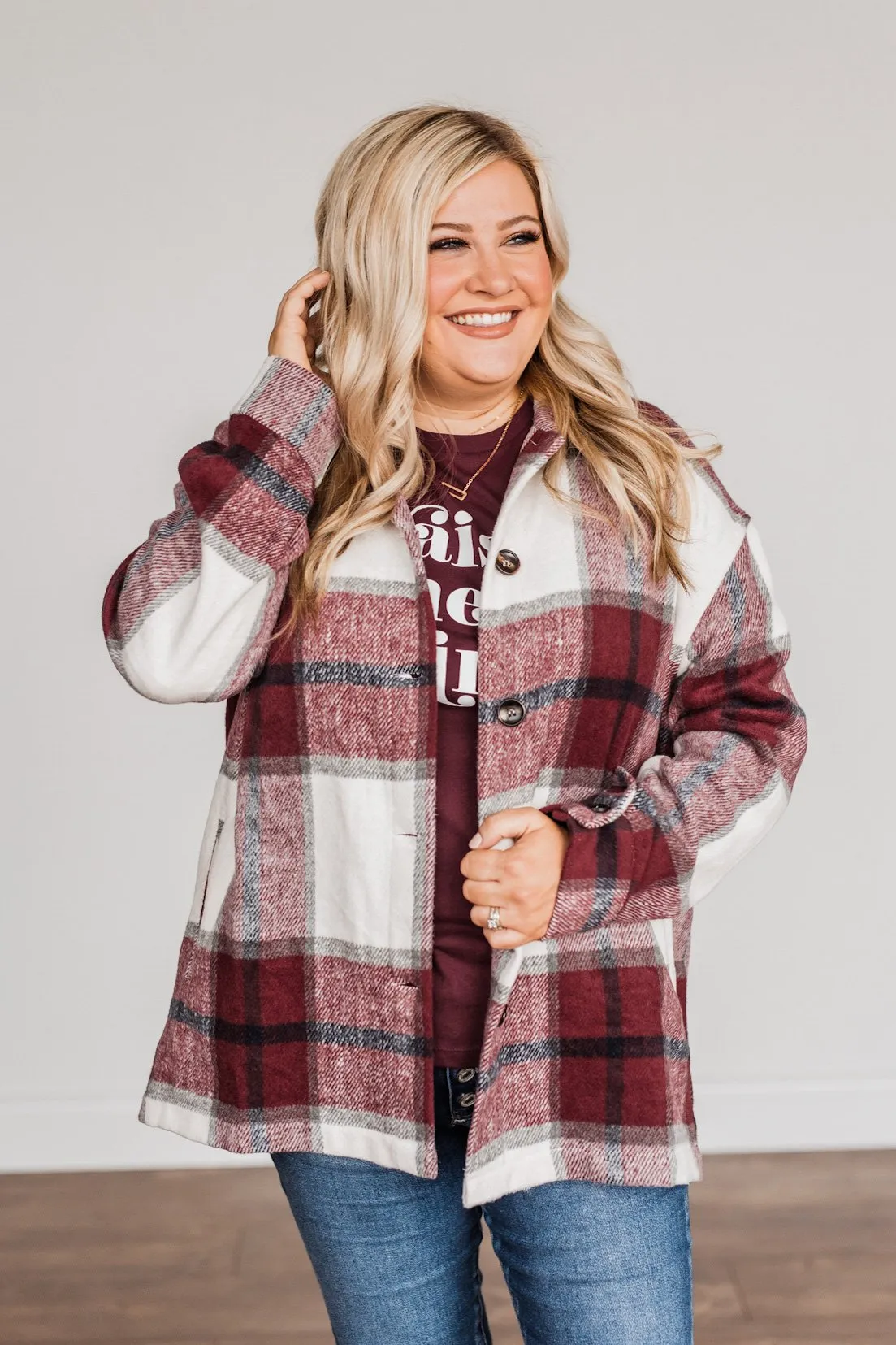 Winter Blessing Plaid Jacket- Burgundy & Ivory