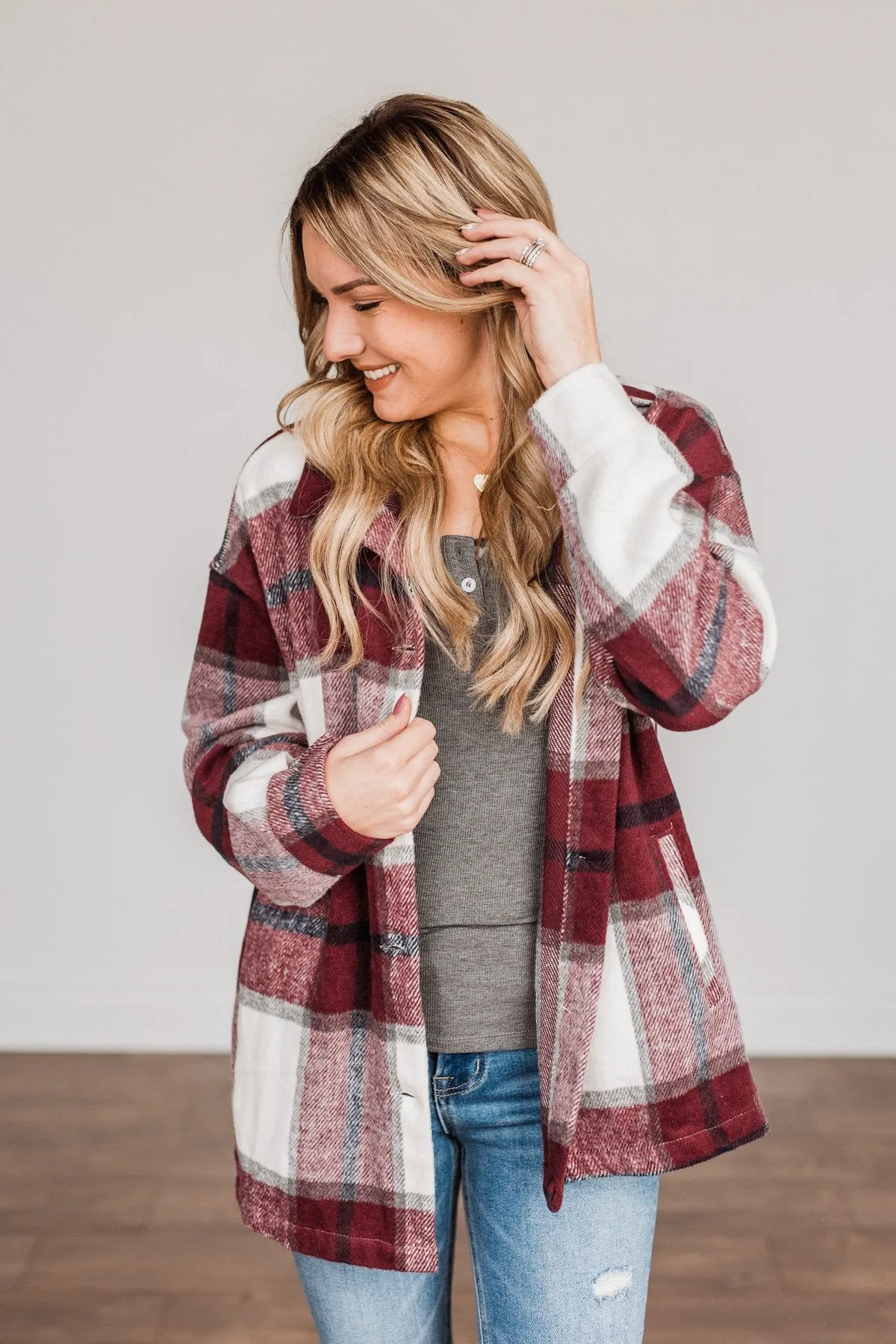 Winter Blessing Plaid Jacket- Burgundy & Ivory