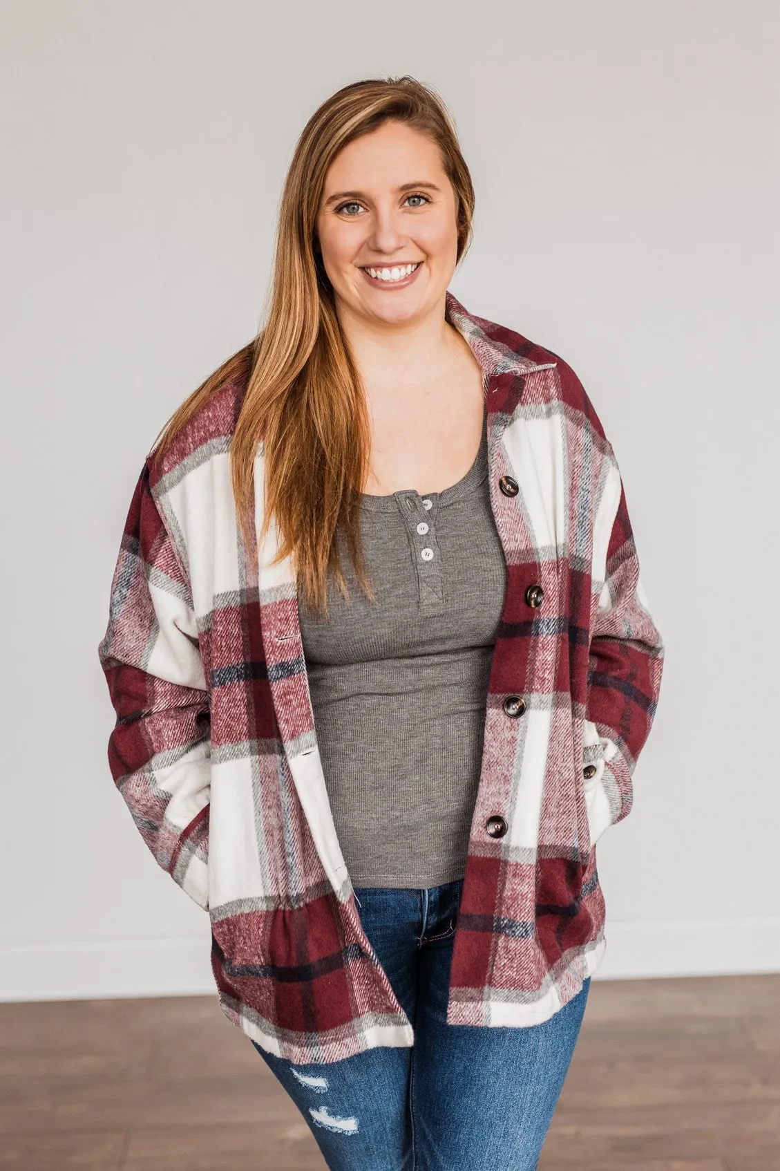 Winter Blessing Plaid Jacket- Burgundy & Ivory