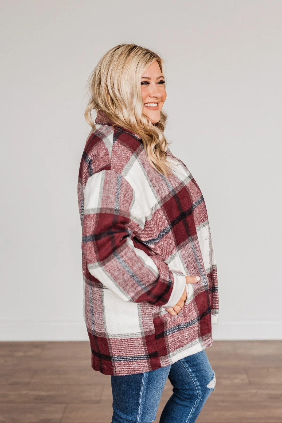 Winter Blessing Plaid Jacket- Burgundy & Ivory