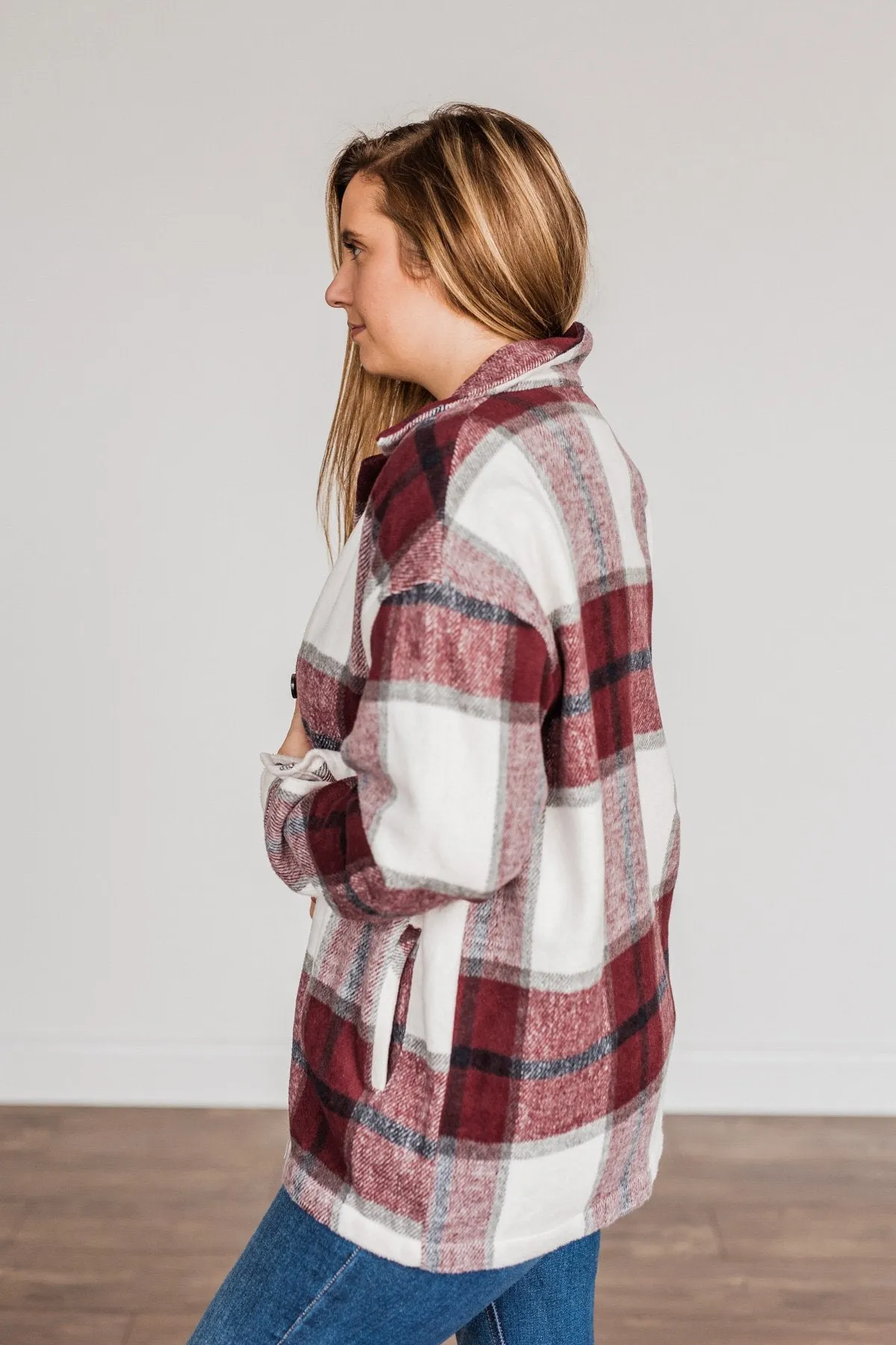 Winter Blessing Plaid Jacket- Burgundy & Ivory