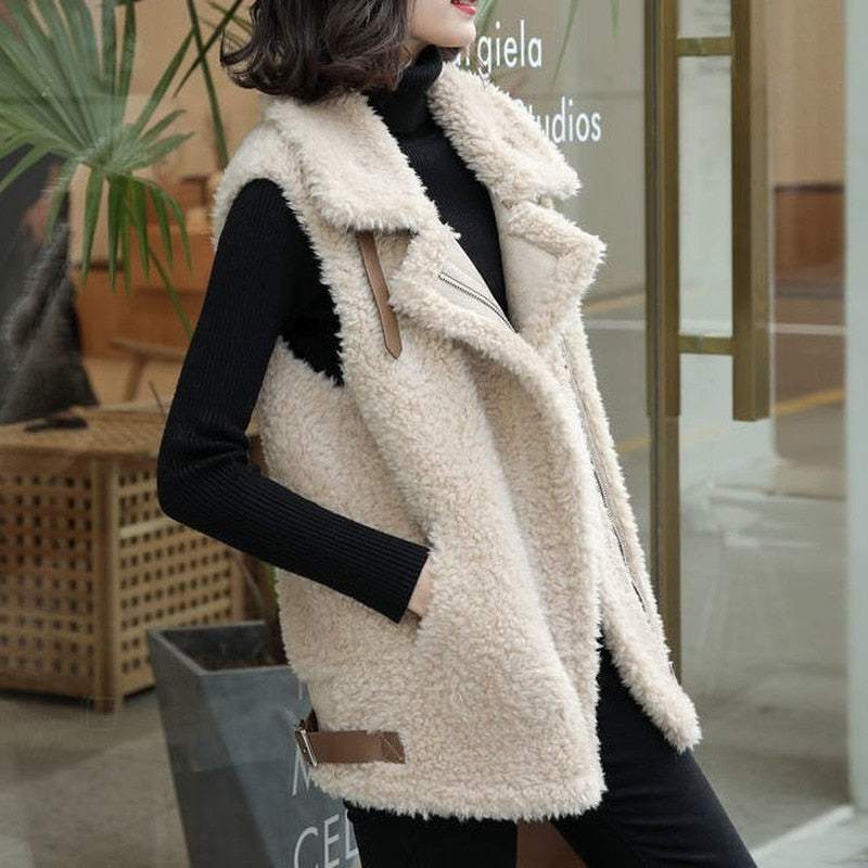 Winter Lamb Wool Vest Women Sleeveless Jacket Thicken Warm Waistcoat Fall Turn Down Collar Hidden Zipper Outwear Garment