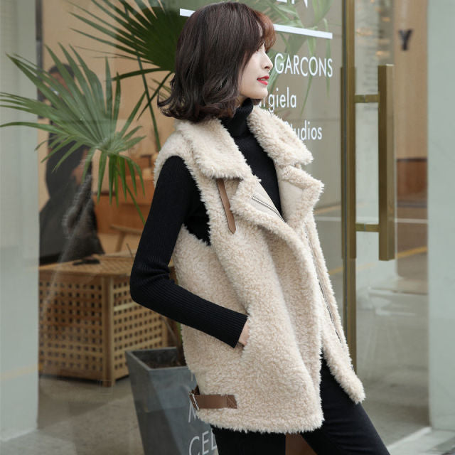 Winter Lamb Wool Vest Women Sleeveless Jacket Thicken Warm Waistcoat Fall Turn Down Collar Hidden Zipper Outwear Garment