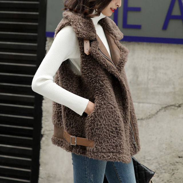 Winter Lamb Wool Vest Women Sleeveless Jacket Thicken Warm Waistcoat Fall Turn Down Collar Hidden Zipper Outwear Garment