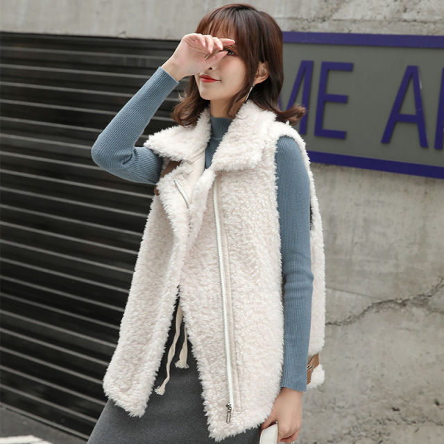 Winter Lamb Wool Vest Women Sleeveless Jacket Thicken Warm Waistcoat Fall Turn Down Collar Hidden Zipper Outwear Garment