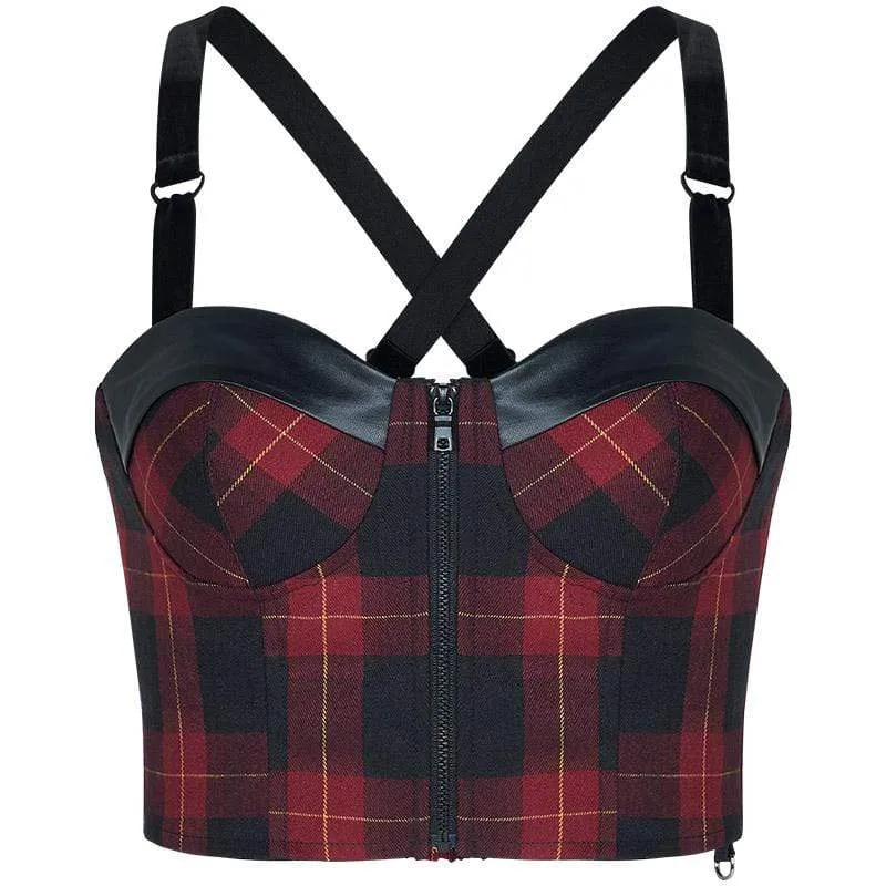 Women's Gothic Plaid Tube Tops With Front-zip