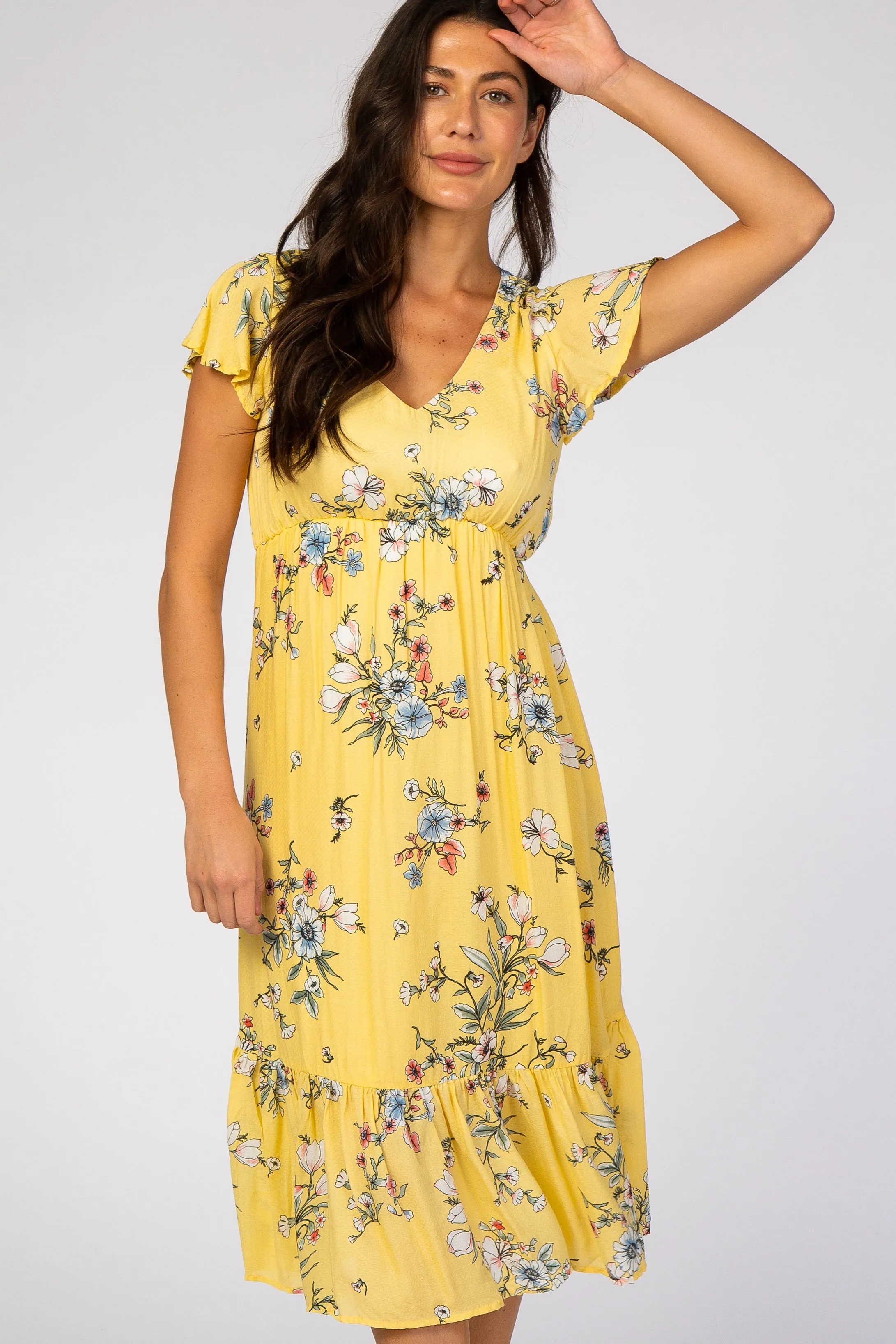 Yellow Floral Flounce Sleeve Midi Dress